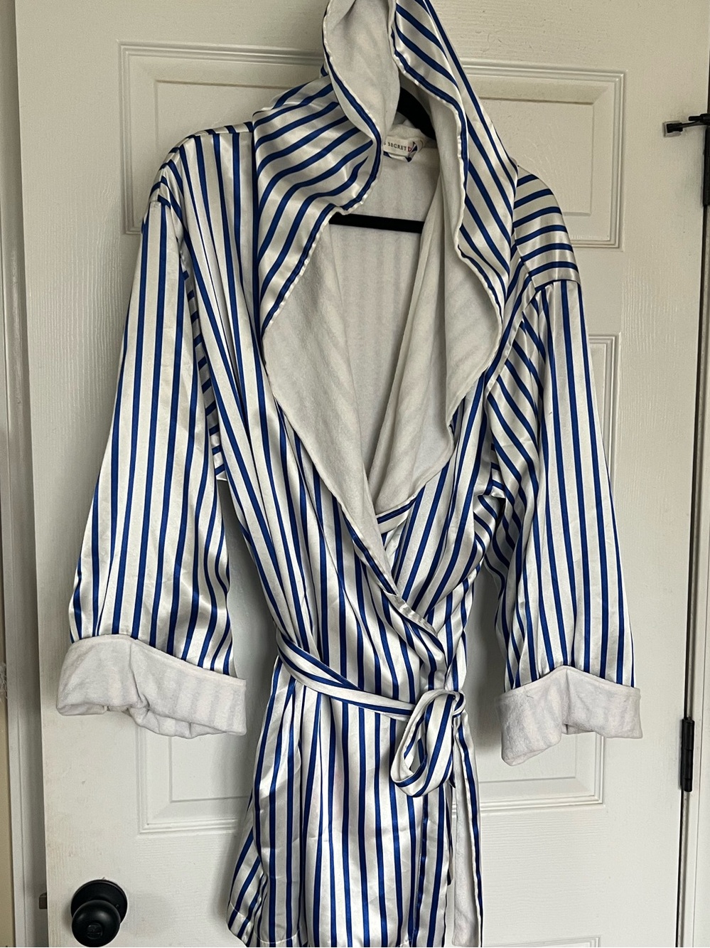 VTG 90s Victoria's Secret Blue White Striped Hooded Satin Terry Lined Robe M/L